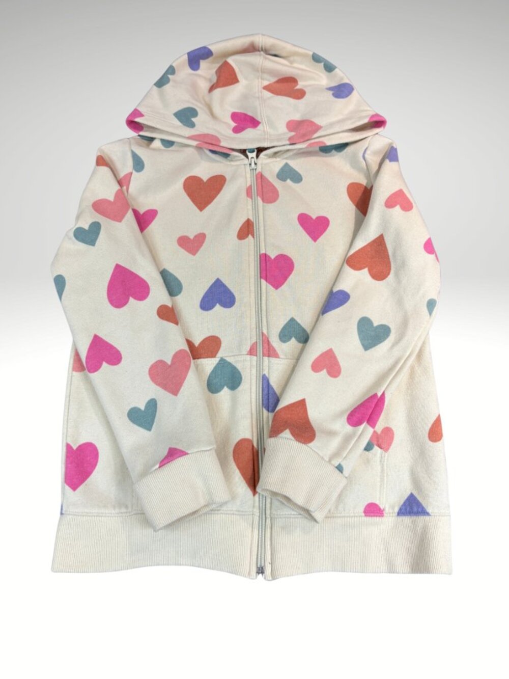 Cat & Jack Girls Heart Print Zip Hoodie Cream Pink Blue Size M 7/8 (SKU: 163G)